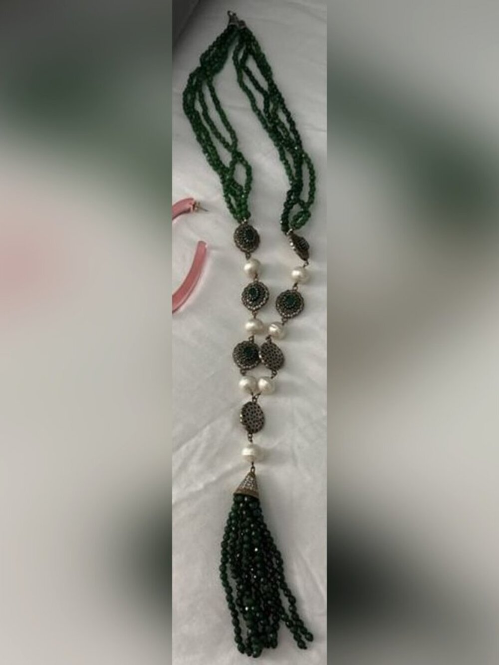 Green Beaded Multi-Strand Tassel Necklace with Pearls